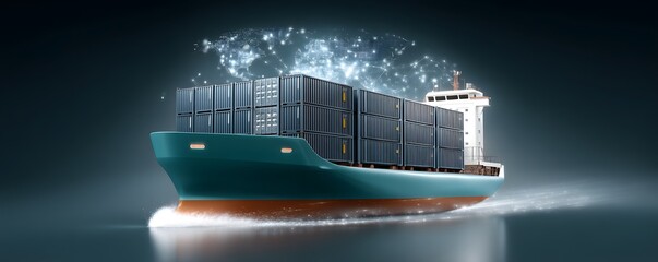 Poster - Magazine cover featuring a futuristic cargo container ship with advanced global logistics technology, detailed world maps, and interconnected supply chain networks