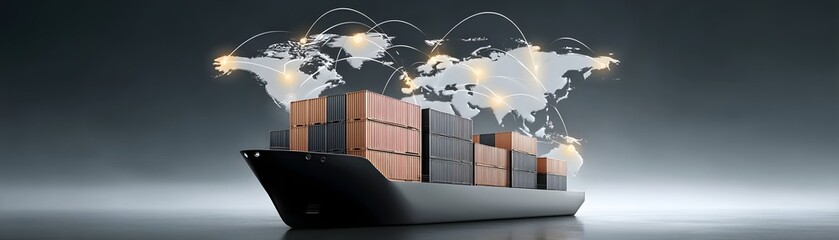 Poster - Futuristic cargo container ship utilizing advanced technology for global logistics, featuring world maps and supply chain networks, captured in a dramatic documentary photography style