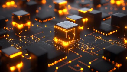 Fototapete - Abstract glowing cubes on a circuit board.