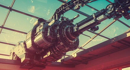 Poster - Detailed Close Up of Complex Machinery with Gears and Metal Structure Under a Glass Roof in a Pixel Art Style