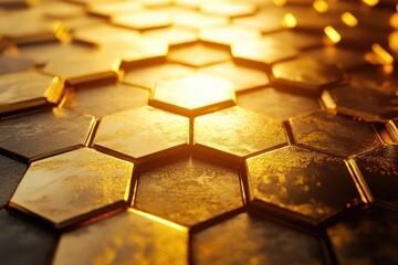 Poster - Golden hexagon tiles create an abstract, textured, and luxurious background. It's ideal for science, tech, or modern design concepts and presentations.