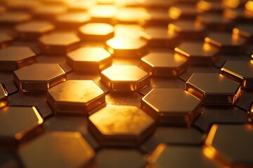 Poster - Golden hexagons tile abstract surface, futuristic and modern. Use for technology, finance, luxury, or business concept.