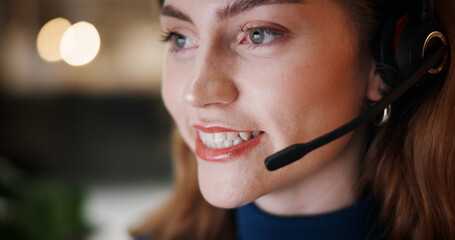 Aufkleber - Woman, talking and headset in call centre at night for contact us, online assistance and advice. Smile, agent and mic for consultation, customer service and feedback with technical guide for overtime