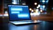 © INT888 - Laptop displaying chat interface with glowing message bubbles on dark, blurred city street background at night, creating modern and digital communication scene