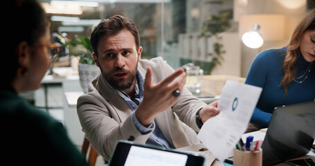 Aufkleber - Businessman, paperwork and meeting in office for finance, budget information or problem solving at night. Admin staff, document and overtime in agency with profit mistake, briefing or review offer