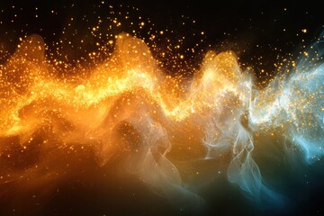 Poster - Swirling golden and blue energy with glowing particle effects on a dark backdrop. Use it for concepts like power, plasma, abstract art, and digital backgrounds.