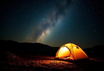 Wall Mural - Glowing tent illuminates starry night campsite; ample dark space, outdoors, dark