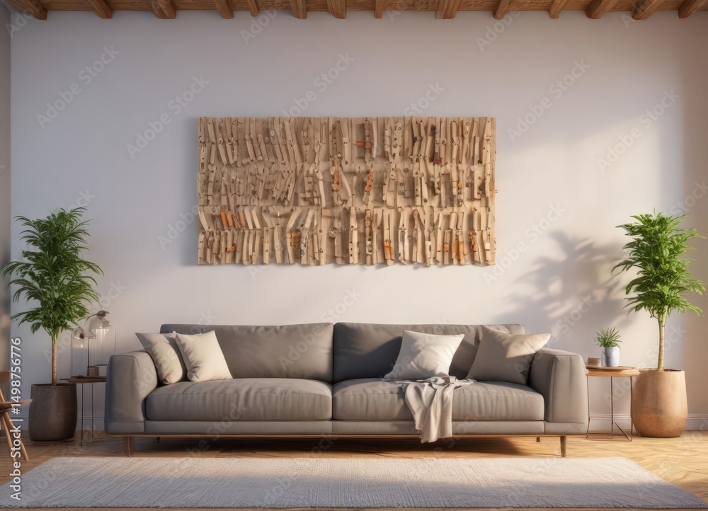 Stylish living room, artwork displayed with wooden clothespins on a bright wall ,  texture,  clothespin,  showcase