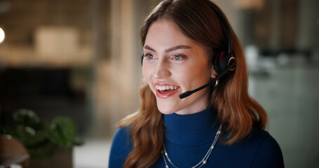 Aufkleber - Happy, woman and headset in call centre at night for contact us, online assistance and advice. Smile, agent and or mic for consultation, customer service and feedback for technical guide of overtime
