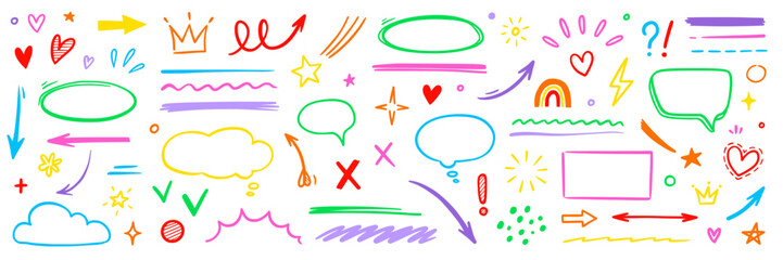 Poster - Line hand drawn brush marker arrow, heart shape element kid color set. Hand drawn sketch marker underline shape, arrow, star marker brush pen stroke icon heart element. Vector illustration