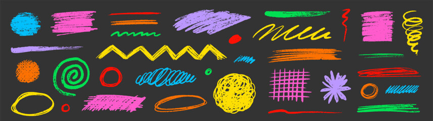 Aufkleber - Crayon pencil scribble chalk texture brush stroke element set. Hand drawn crayon pencil brush stroke texture line color shape vector. Children color chalk scratch hand drawn style. Vector illustration