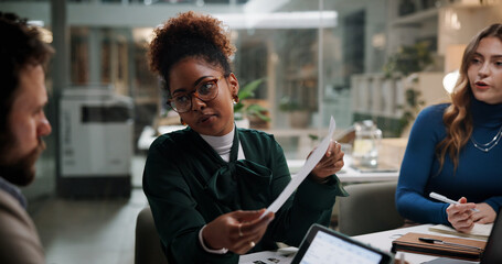 Poster - Business people, paperwork and meeting in office for finance, budget information or planning at night. Admin staff, document and overtime in agency with profit projection, discussion or review offer