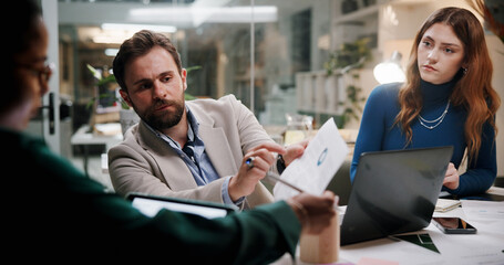 Poster - Business people, document and discussion in office for finance, budget information or planning at night. Admin staff, paperwork and overtime in agency with profit projection, briefing or review offer