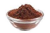 Glass bowl filled with rich brown cocoa powder on black background, cut out