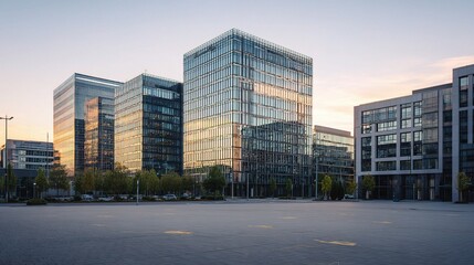 Poster - Modern Cube Shaped Office Complex with Wide Parking Area