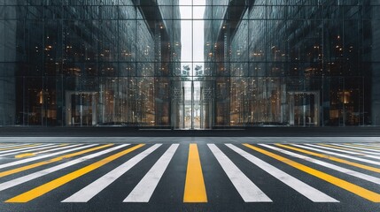 Poster - Crosswalk Leading to Mirrored Glass Entrance of Modern Office Building