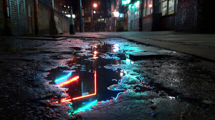 Poster - Nighttime City Scene with Neon Reflections in Puddles and Slight Ripples on Wet Pavement