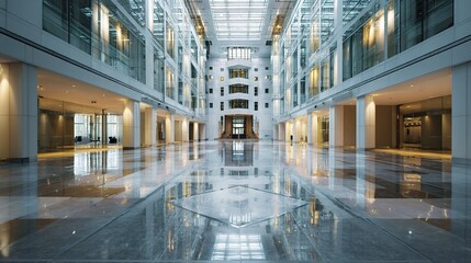 Poster - Wide Angle View of Modern Glass Offices with Architectural Details