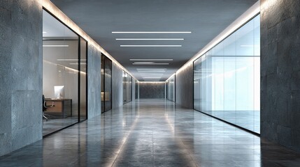 Poster - Elegant Transparent Office Corridor with Minimalist Lighting Design