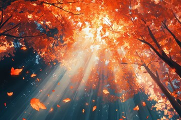Canvas Print - sunlight streams through orange autumn leaves in a forest canopy. use this for projects needing an a
