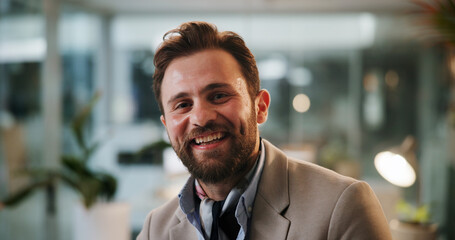 Poster - Happy, night and portrait of businessman in office with confidence for creative career. Smile, professional and face of male magazine editor from Russia with pride for journalism in workplace.