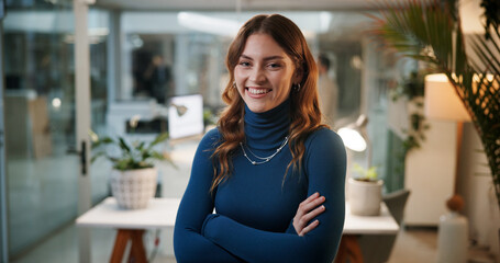 Poster - Crossed arms, night and portrait of woman in office with confidence for creative career. Smile, professional and face of female magazine editor with pride and happiness for journalism in workplace.