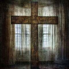 Poster - Cross of Faith: A Rustic Wooden Cross Silhouette Against a Window with Sheer Drapes, Evoking Spirituality and Light