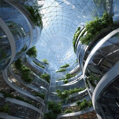 Poster - Futuristic Glass Dome Office Atrium Featuring Hanging Gardens