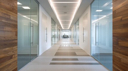 Poster - Bright Modern Office Hallway with Glass Doors and Wood Accents