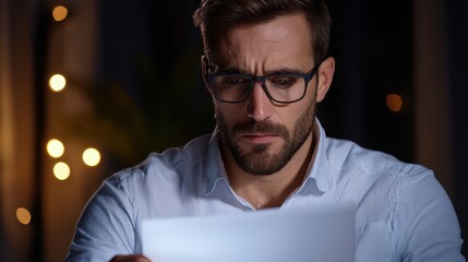 Poster - Man with glasses reading document in dim light with bokeh effect creating a contemplative atmosphere