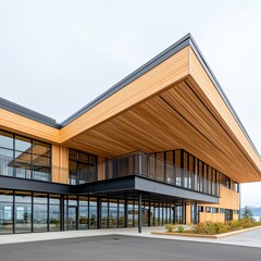 Poster - Modern architectural design of a wooden structure with large glass windows and minimalist outdoor space