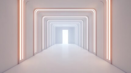 Poster - Modern minimalist corridor with glowing neon lights leading to an illuminated open door in a contemporary setting