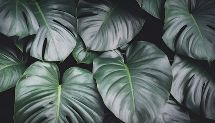 Poster - Close-up shot of lush green Monstera leaves with a dark background, showcasing the texture, shape, and natural beauty of the tropical plant.