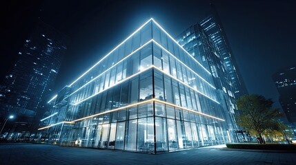 Poster - Futuristic High-Tech Glass Office Structure with Glowing Lines at Night