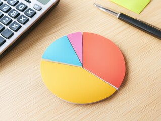 Poster - Colorful pie chart model on a wooden table next to a calculator and stationery, perfect for business presentations