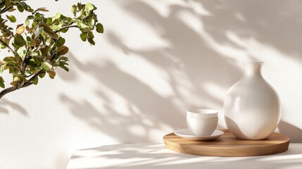 Poster - Minimalist Still Life with Vase and Cup on Wooden Tray in Natural Light
