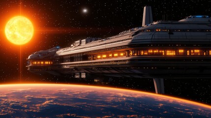Poster - Stunning futuristic spaceship in deep space with a vibrant sun and glowing planet in the foreground