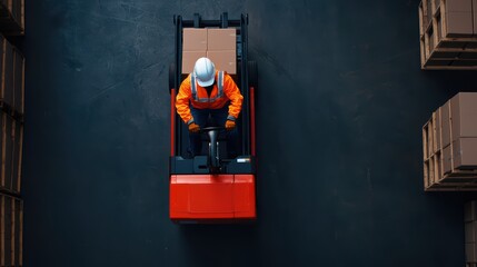 Poster - Aerial View of Forklift Operator in Warehouse Handling Cardboard Boxes with Safety Gear and Precaution