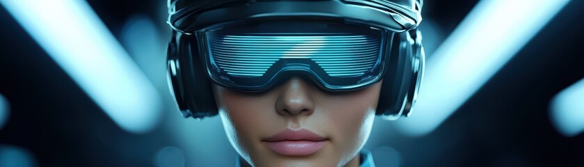 Poster - Futuristic Female Character in High-Tech Glasses with Neon Background and Modern Sci-Fi Aesthetic
