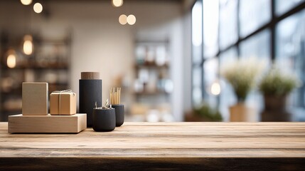 Poster - elegant wood tabletop display with minimalist products in focus