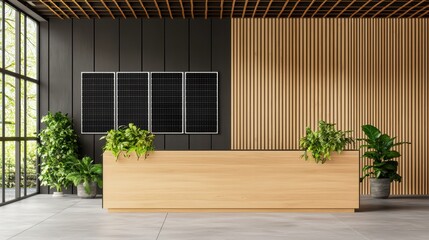 Poster - Modern reception area with wooden desk, greenery, solar panels, and bright natural light in contemporary design space