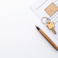 Poster - Elegant pen and keys arranged on a clean surface with a blank paper template for business concepts and creativity