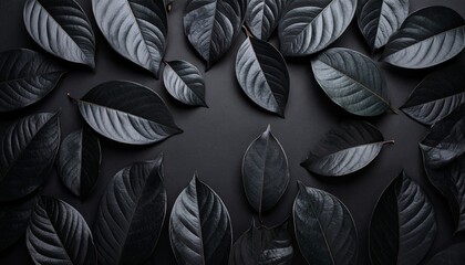 Poster - Elegant Dark Leaves on Black Background: A Sophisticated Composition of Glossy Foliage, Perfect for Nature and Design Projects.