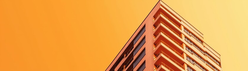 Poster - Modern Architecture of High-Rise Building Against Bright Orange Sky at Sunset in Urban Setting