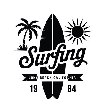 Surfing emblem template, surfboard silhouette with lettering
