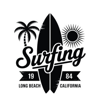 Surfing emblem template, surfboard silhouette with lettering
