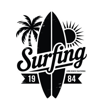 Surfing emblem template, surfboard silhouette with lettering
