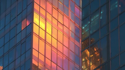 Poster - Reflective Glass Facade of Modern High-Rise Building at Sunset