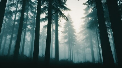Wall Mural - misty forest landscape with tall trees and fog creating a serene and mysterious atmosphere