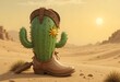 © MAR Studio - Cactus Cowboy Boot in the Desert Sunset: A whimsical 3D render of a cactus shaped like a cowboy boot in